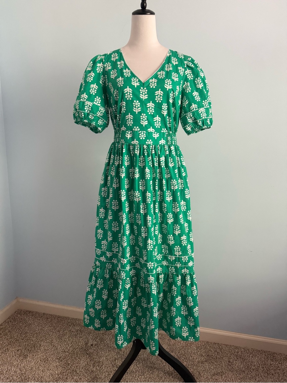 J Crew Block-print puff-sleeve midi dress Size 6 Emerald Beryl